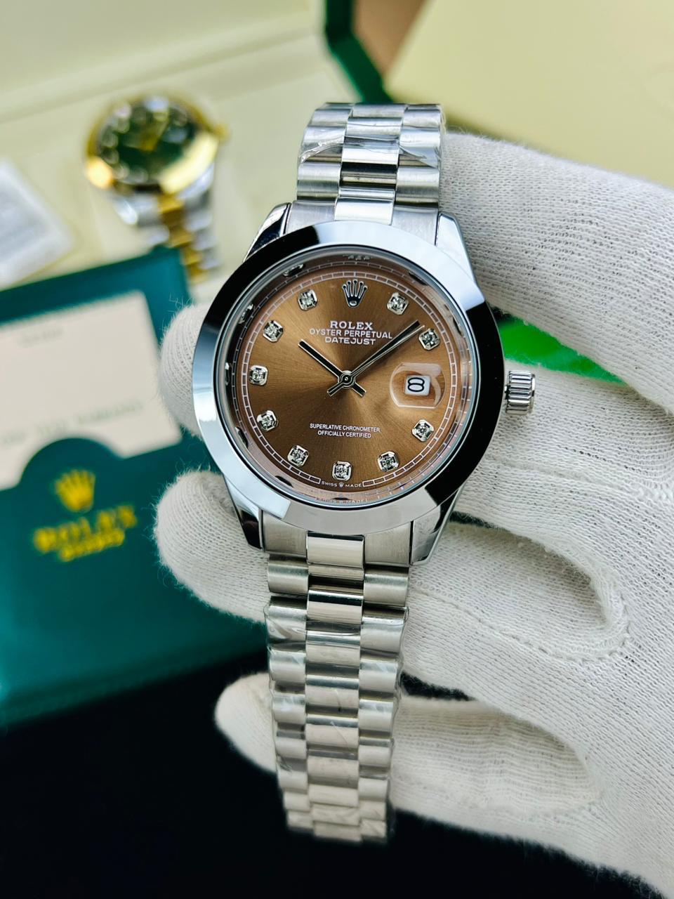 Luxury Brown Dial Men’s Watch – Premium Stainless Steel Silver Chain Watch