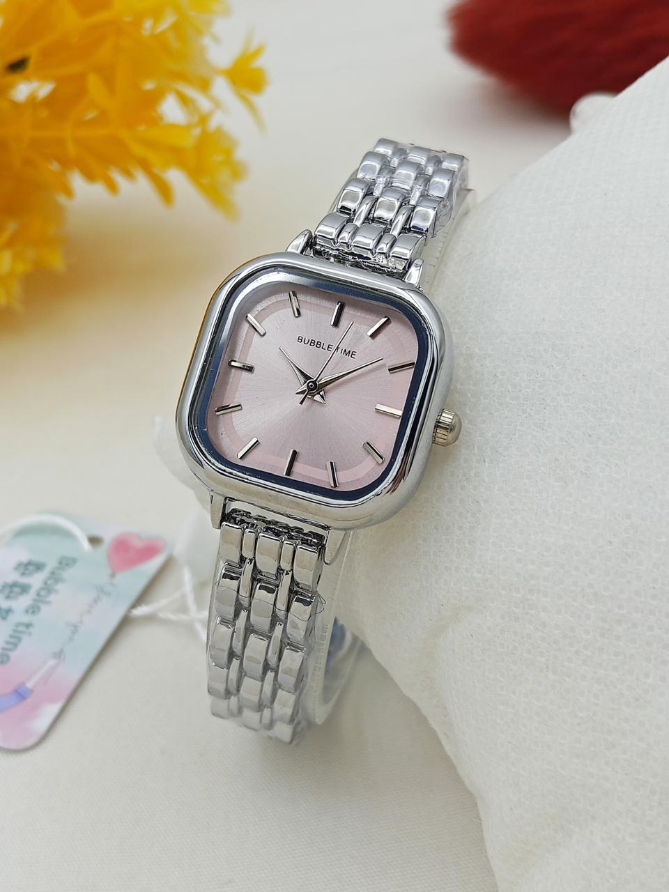 Elegant Silver Women’s Watch – Pink Dial Stainless Steel Bracelet Watch