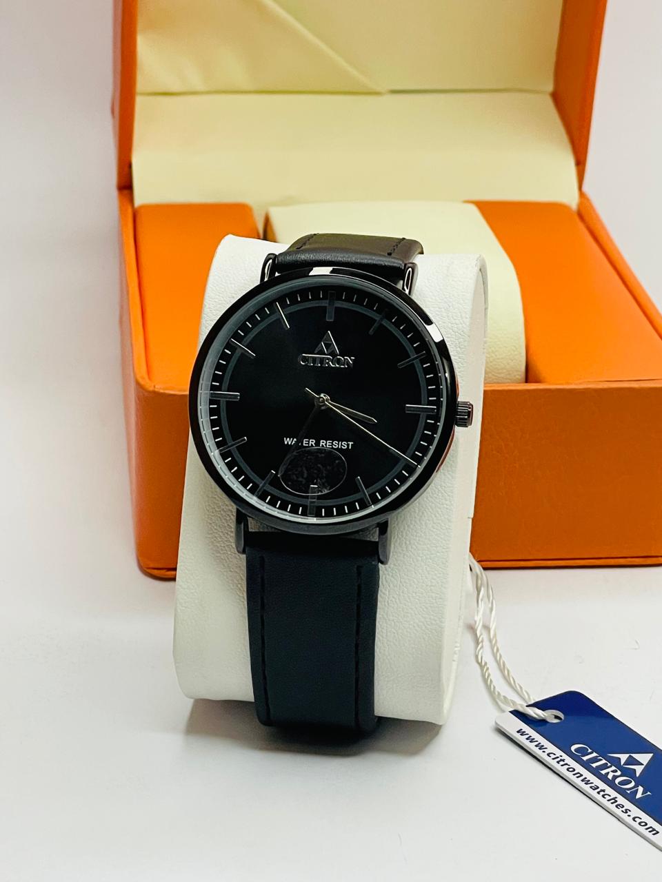 Citron Full Black Slim Men's Watch | Premium Leather Strap Luxury Timepiece | RWC Pakistan
