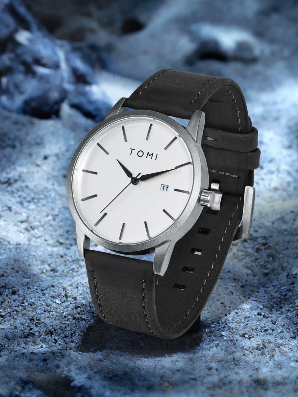 TOMI Classic Black Leather Watch For Men