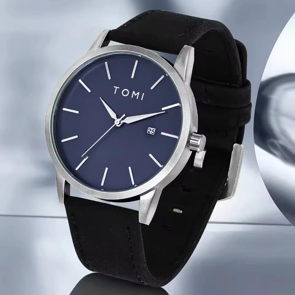 TOMI Classic Black Leather Watch For Men